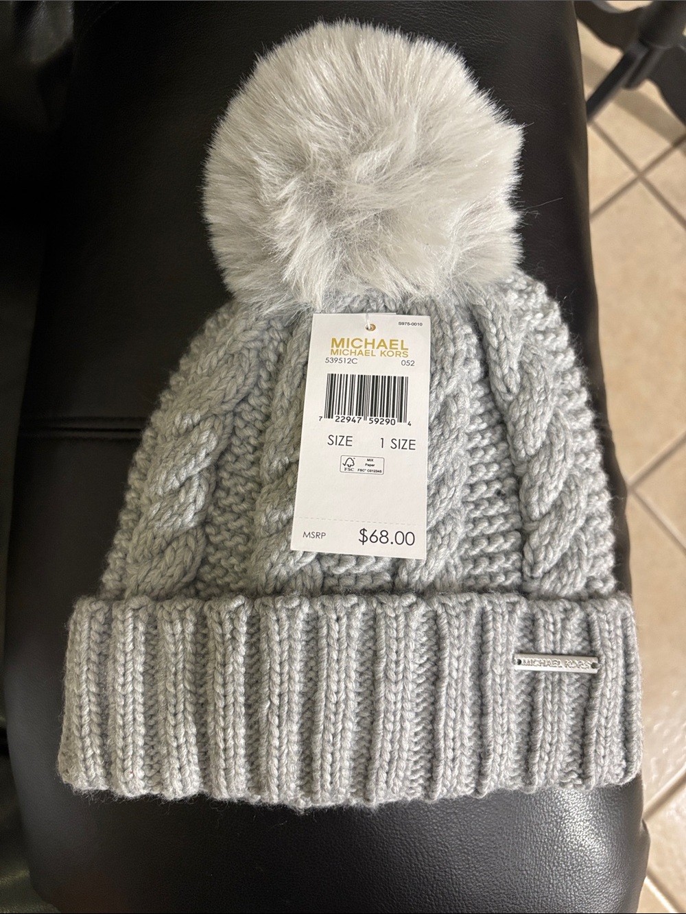 MICHAEL Michael Kors Light Gray Cable-Knit Pom Beanie